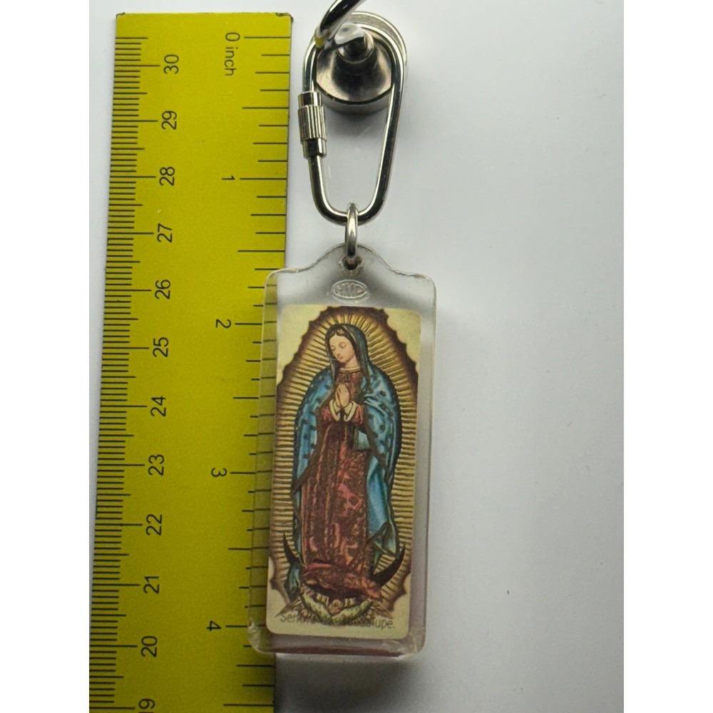 Vintage Our Lady of Guadalupe Jesus Christ Acrylic Keychain Religious Medallion
